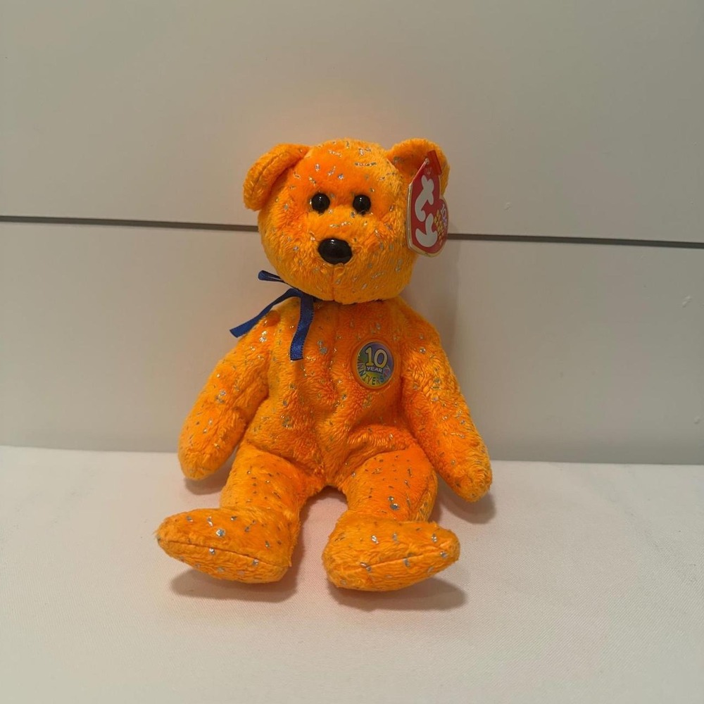 Ty Beanie Babies Decade the Bear 10th Anniversary Orange Silver Sparkle 2003